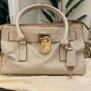 Michael Kors Beige W/Gold Chain Satchel Handbag.